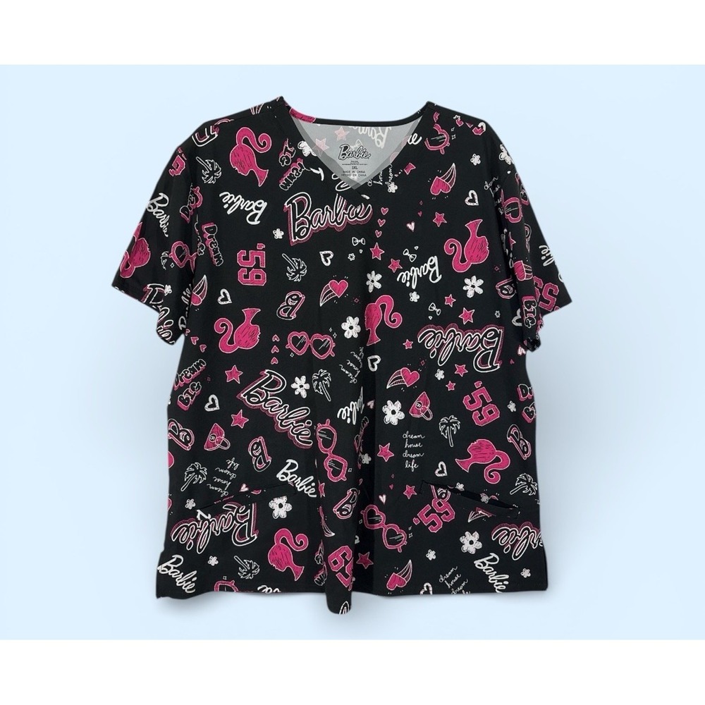 BARBIE SCRUB Nurse Top‎ for Women Shirt Black Pink 3X 2 Pockets NEW+Tag 2025